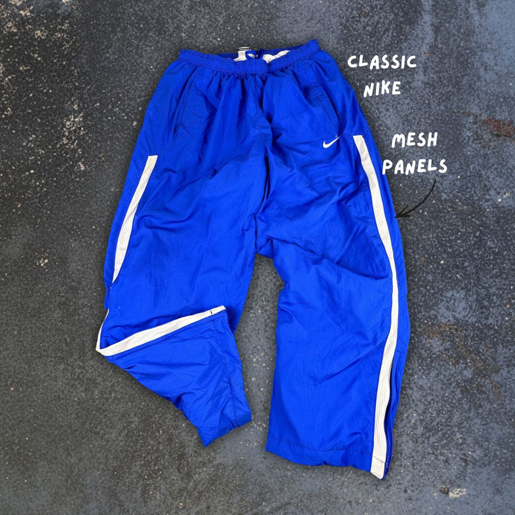 Nike Track Pants Men’s XL Blue White Mesh Panels White Swoosh Ankle Zip