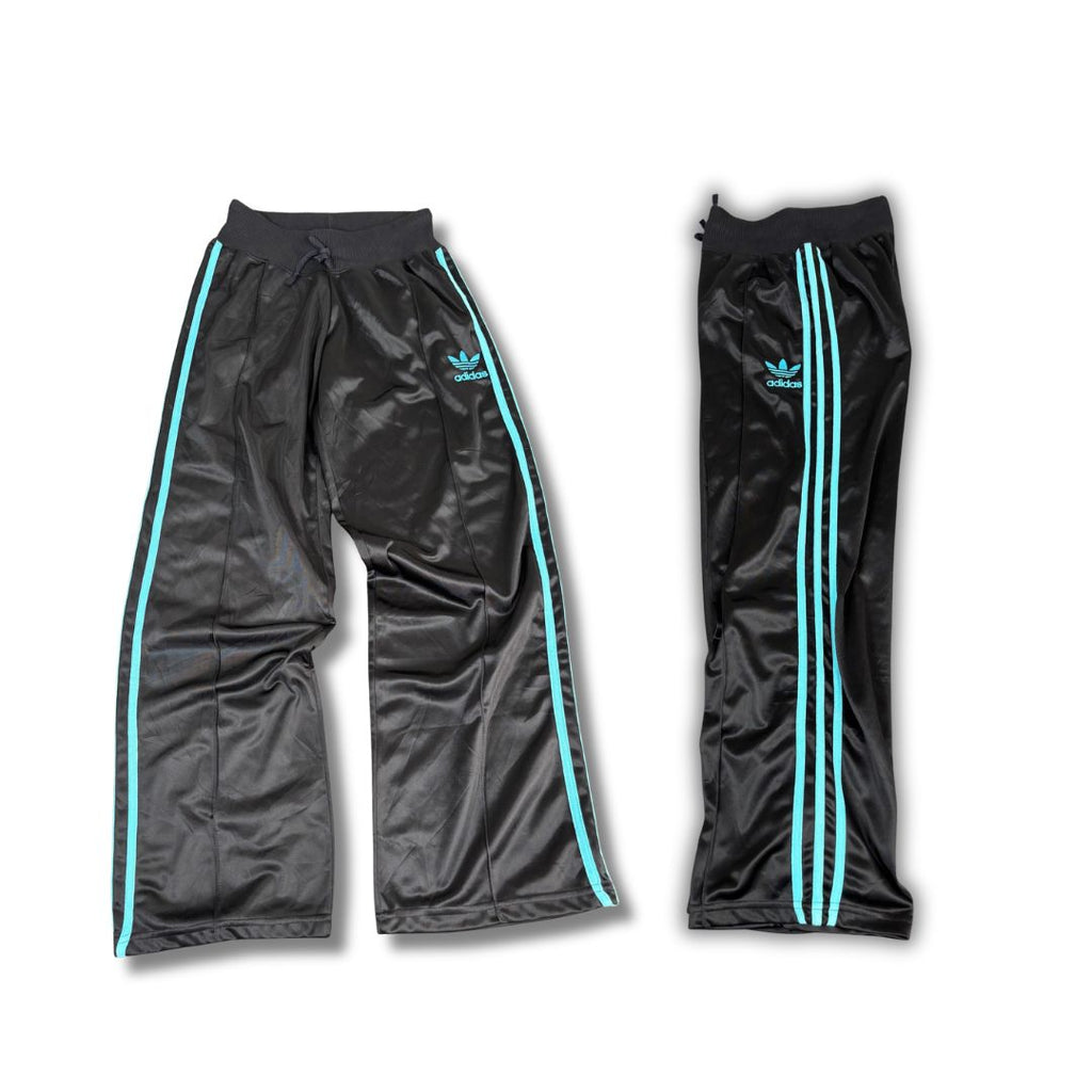 Adidas Track Pants Women's S Black Blue Logo 3 Stripe Pleated Joggers Wide Leg