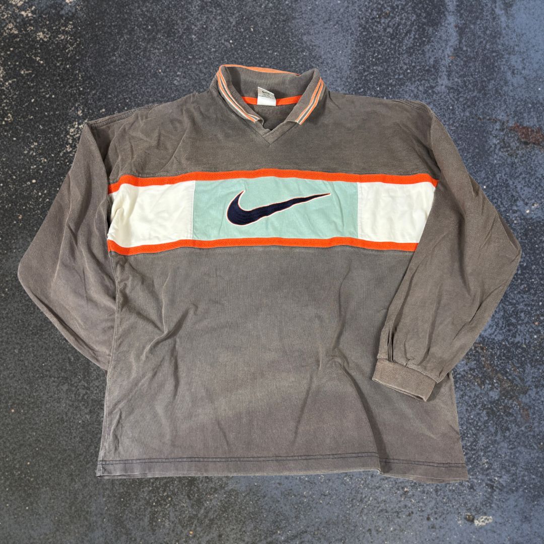 Vintage 90s Nike Rugby Polo Shirt Men’s M Brown Orange Chest Swoosh Back Spell Out