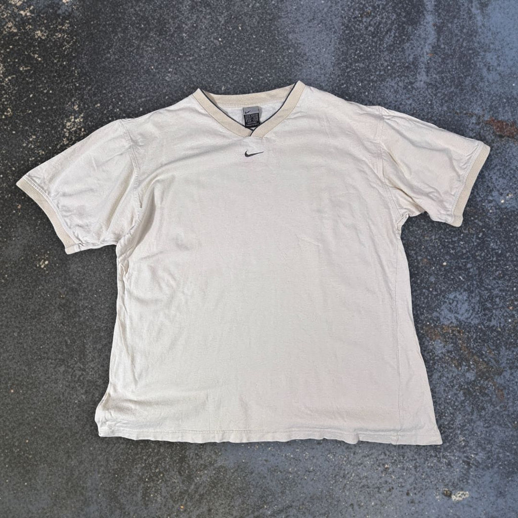 Vintage Y2K Nike T-Shirt Men’s XL Beige Grey Centre Swoosh V-Neck