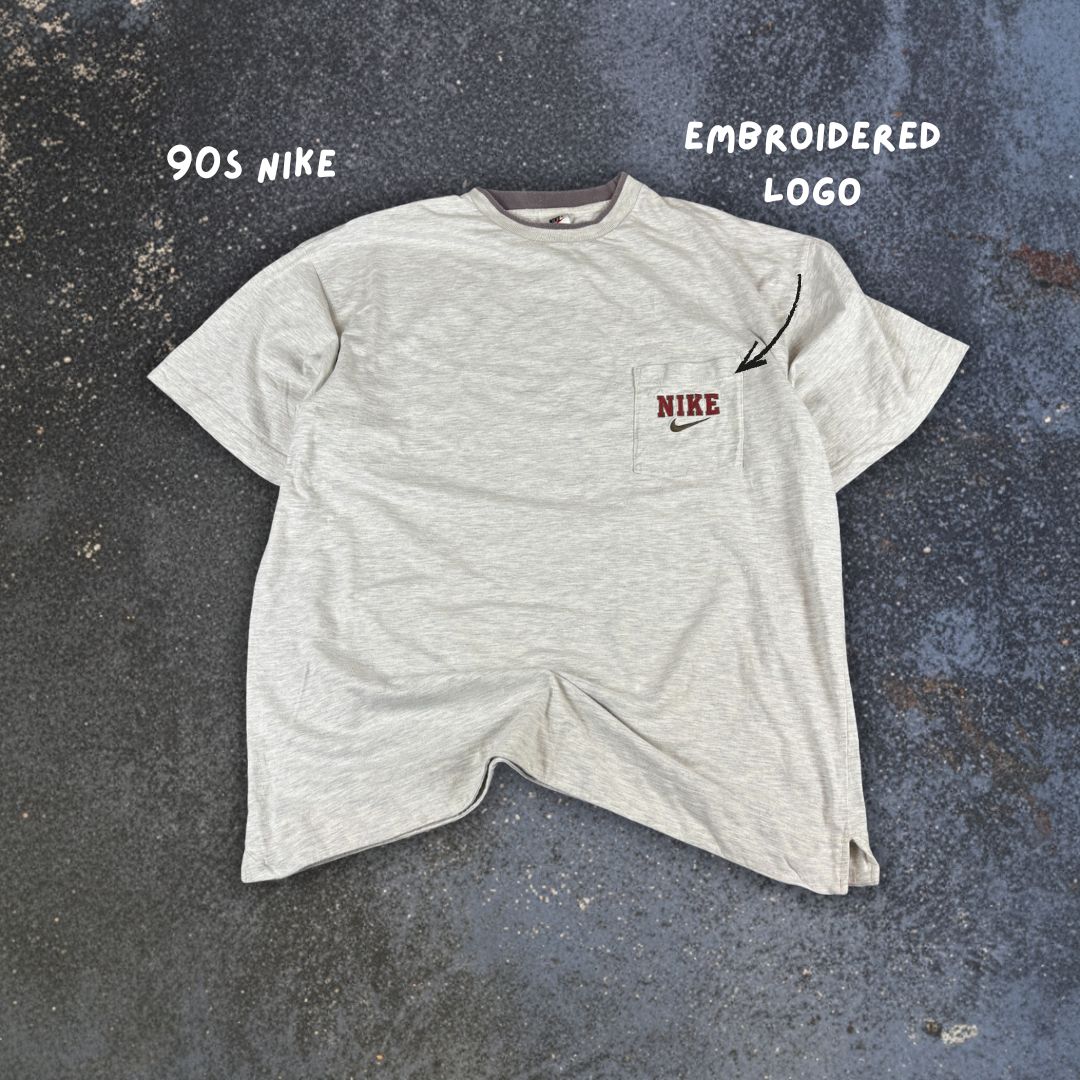 Vintage 90s Nike T-Shirt XL Grey Ringer Style Spell Out Embroidered Logo Chest Pocket