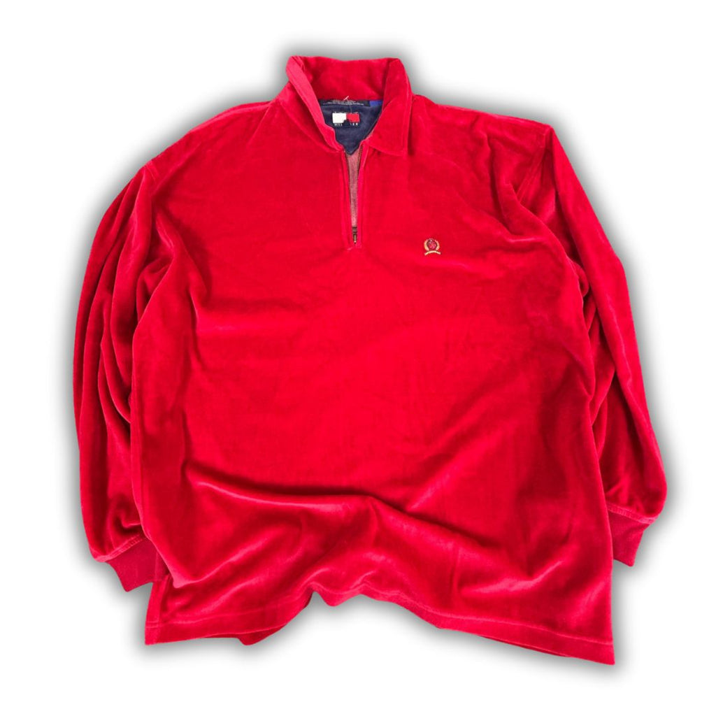 Vintage 90's Tommy Hilfiger 1/4 Zip Fleece Men's XL Red Velour Embroidered Logo Jumper Collared