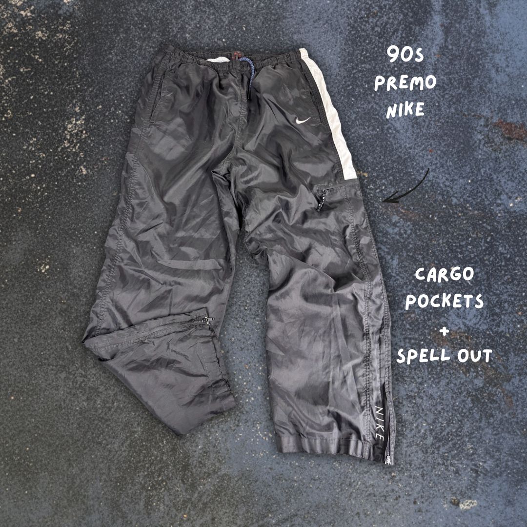 Vintage 90's Nike Cargo Track Pants Men's L Black White Swoosh Spell Out w Pockets Ankle ZIps Wide Leg