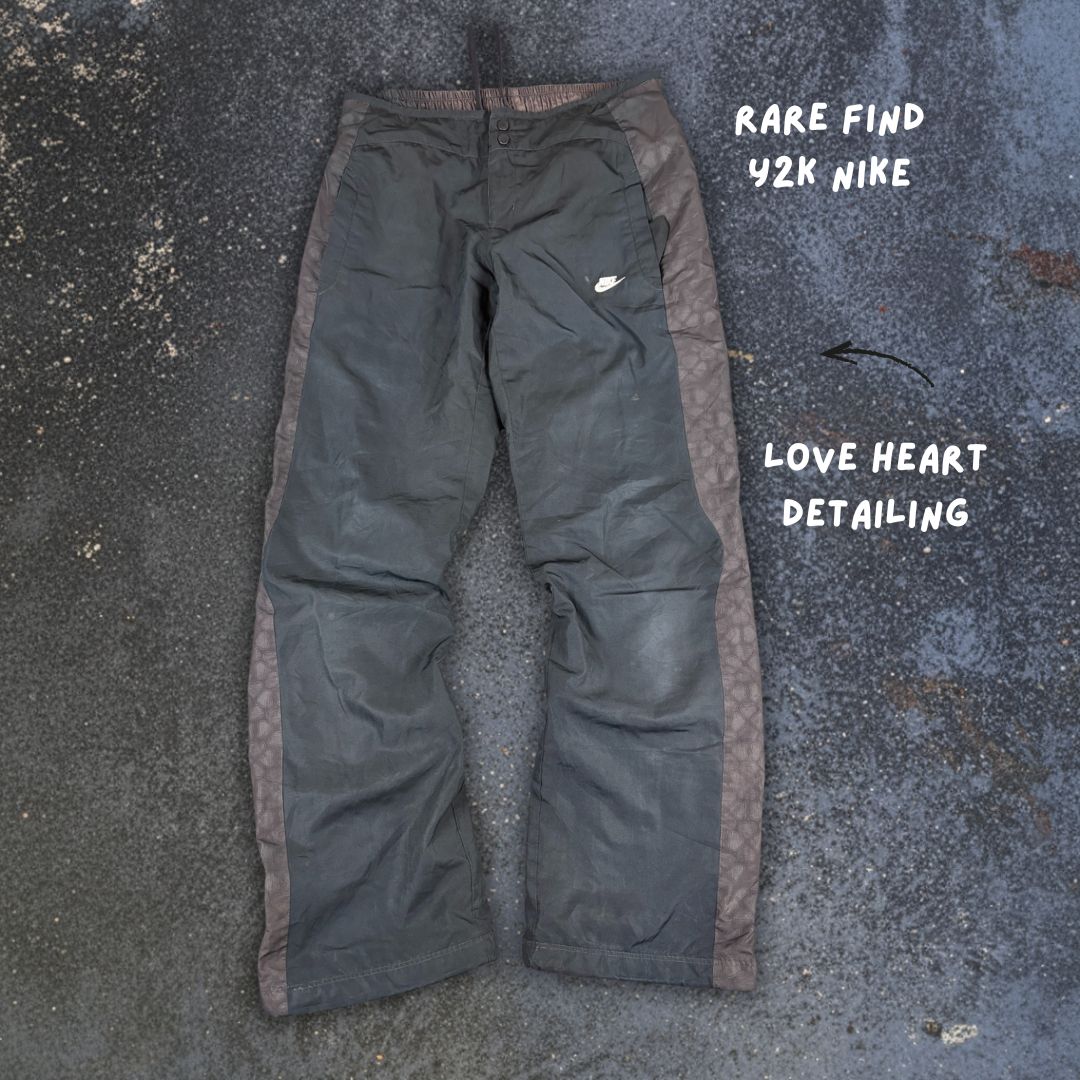 Vintage Y2K Nike Track Pants Women’s L Black Brown Heart Panels Bungee Ankles