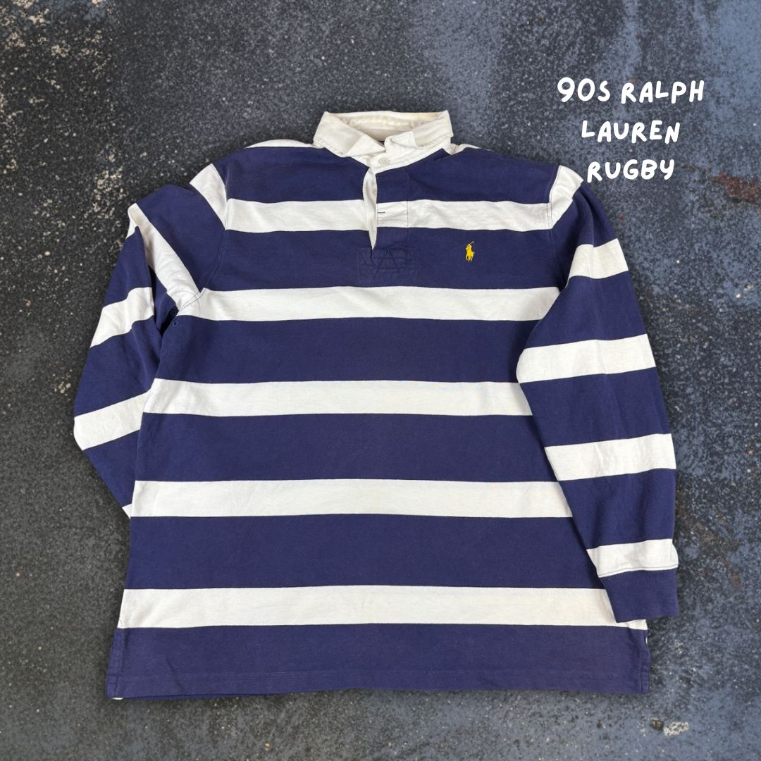 Vintage 90s Polo Ralph Lauren Rugby Polo Size XL Navy White Stripe Yellow Pony