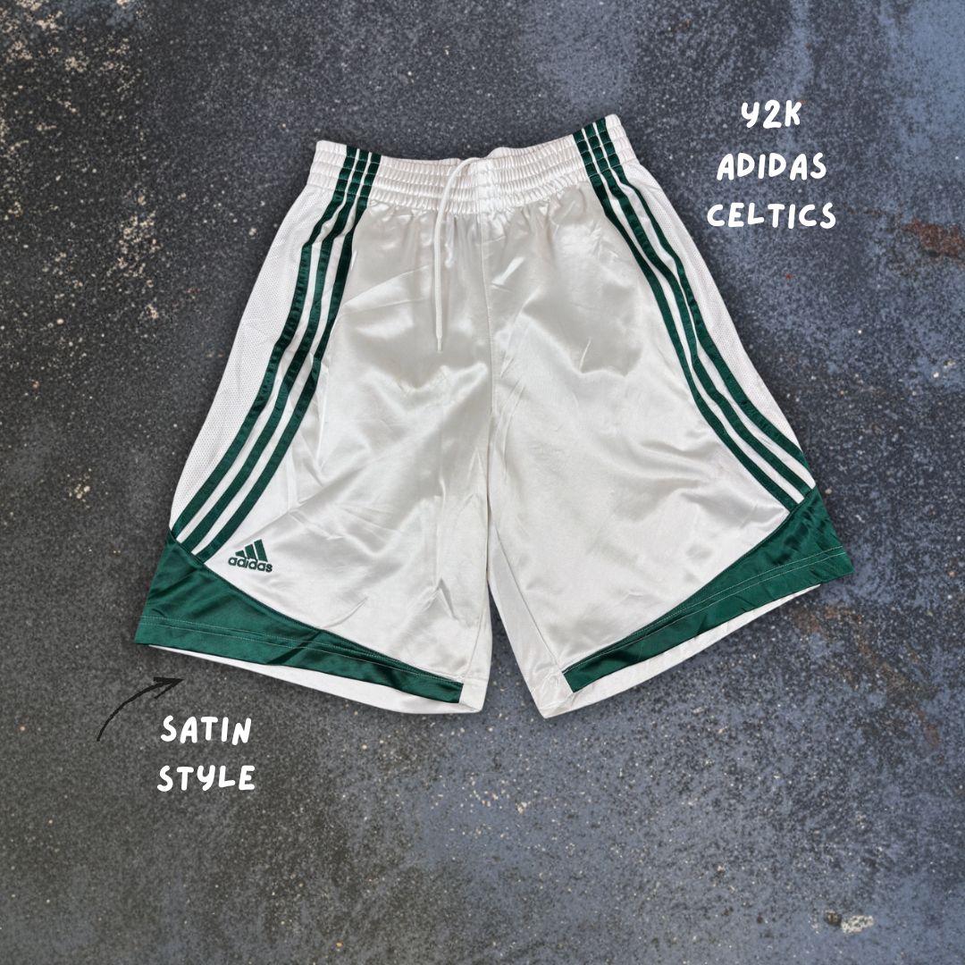 Vintage Y2K Adidas Celtics Shorts M White Poly Green Satin Finish Wide Fit