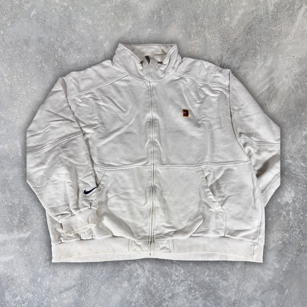 Vintage 90s Nike Court Jumper Size XL White Large Back Logo Black Swoosh Full Zip Sweatshirt