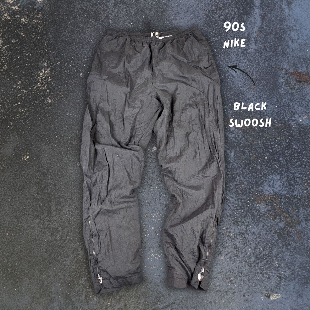 Vintage 90s Nike Track Pants Women’s XL Double Black Swoosh Parachute Ankle Zip Tapered