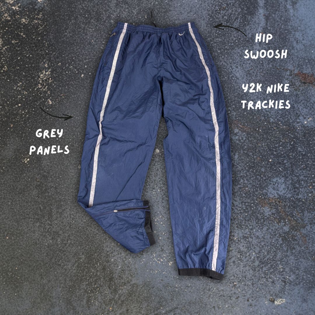 Vintage Y2K Nike Track Pants Men's L Navy Grey Panels Hip Swoosh Ankle Zips Wide Leg