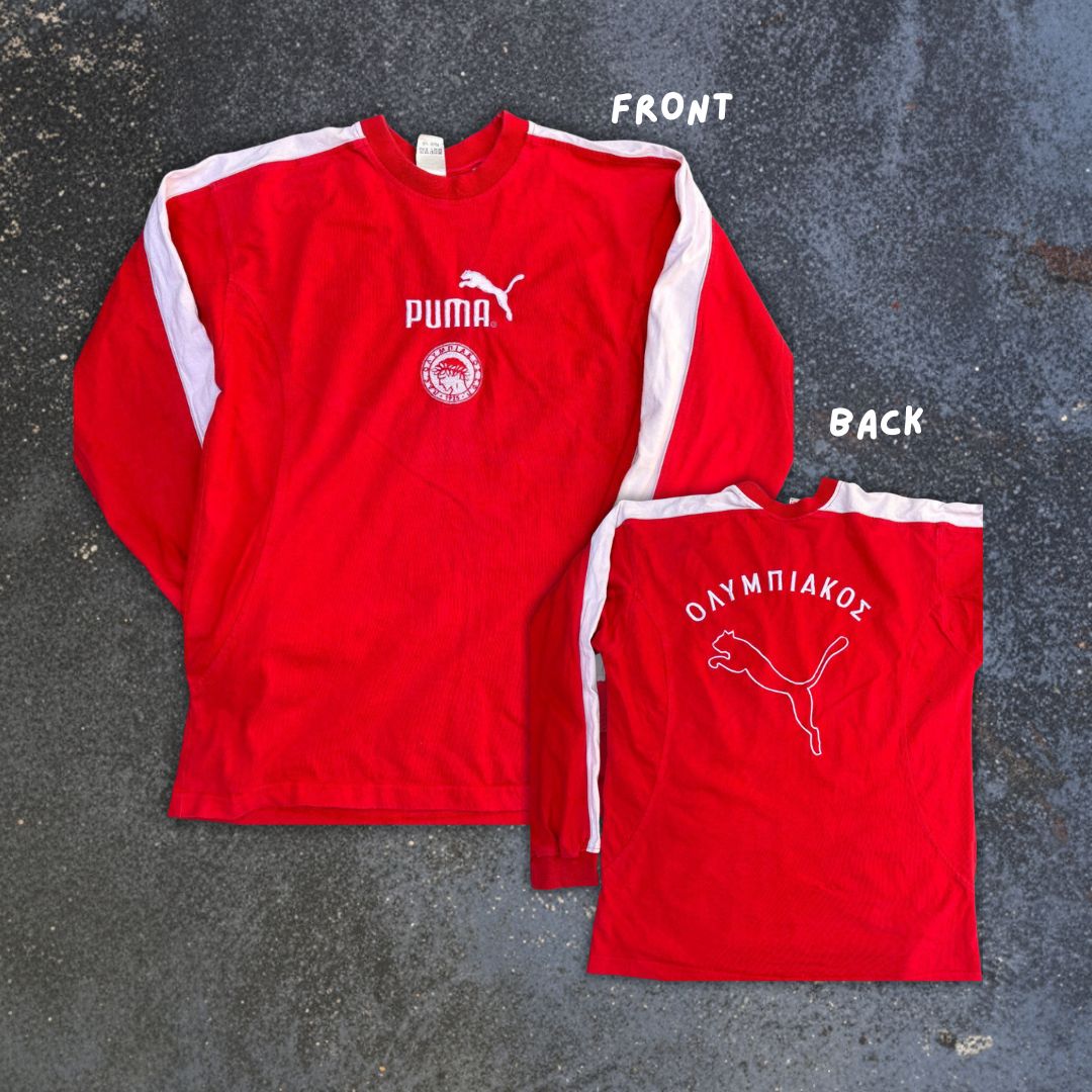 Vintage 90s Puma Jumper Size M Red White Olympiacos Football Team Long Sleeve