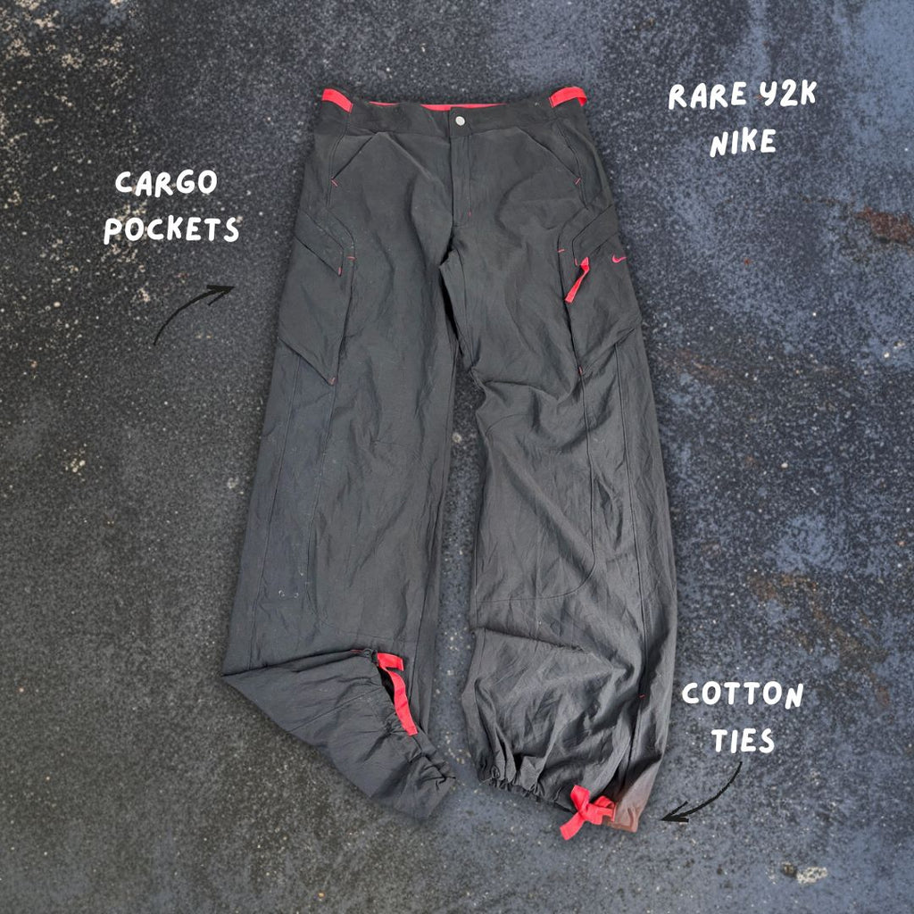 Vintage Y2K Nike Cargo Track Pants Women's S Black Red Swoosh Cotton Ankle Ties Button Zip Close Wide Leg