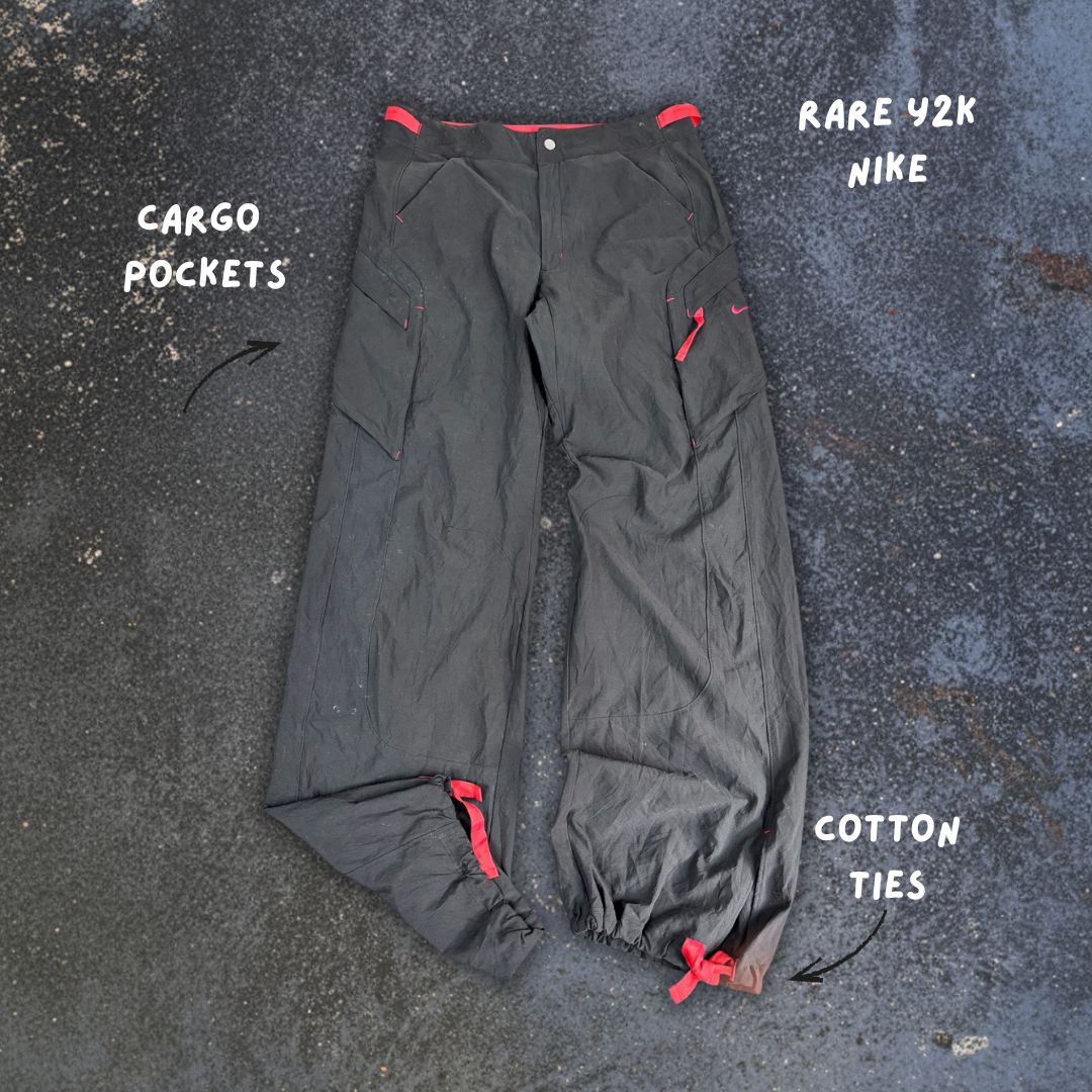 Vintage Y2K Nike Cargo Track Pants Women's S Black Red Swoosh Cotton Ankle Ties Button Zip Close Wide Leg