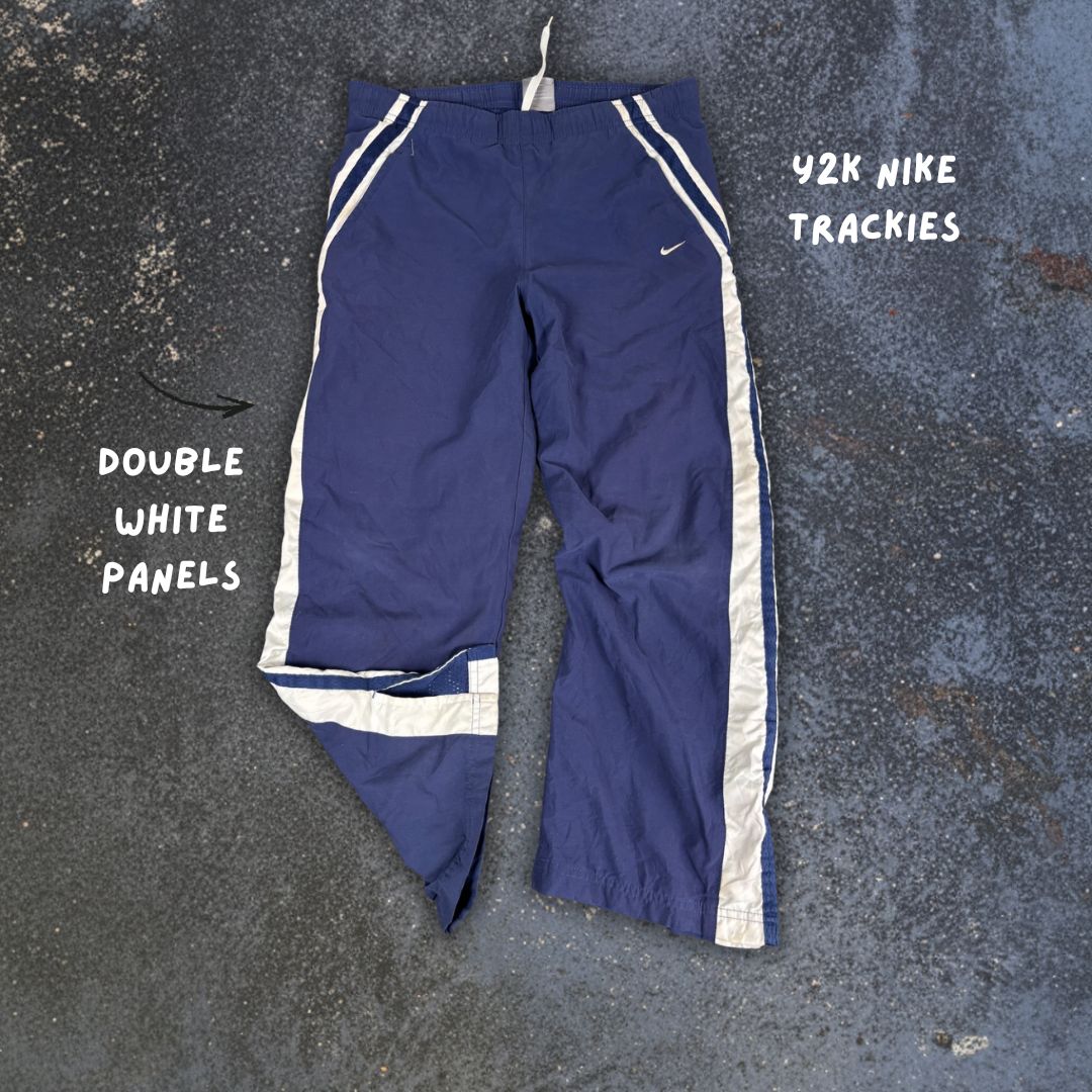 Vintage Y2K Nike Track Pants Women's S Navy White Swoosh Panels 7/8 Length  Straight Leg