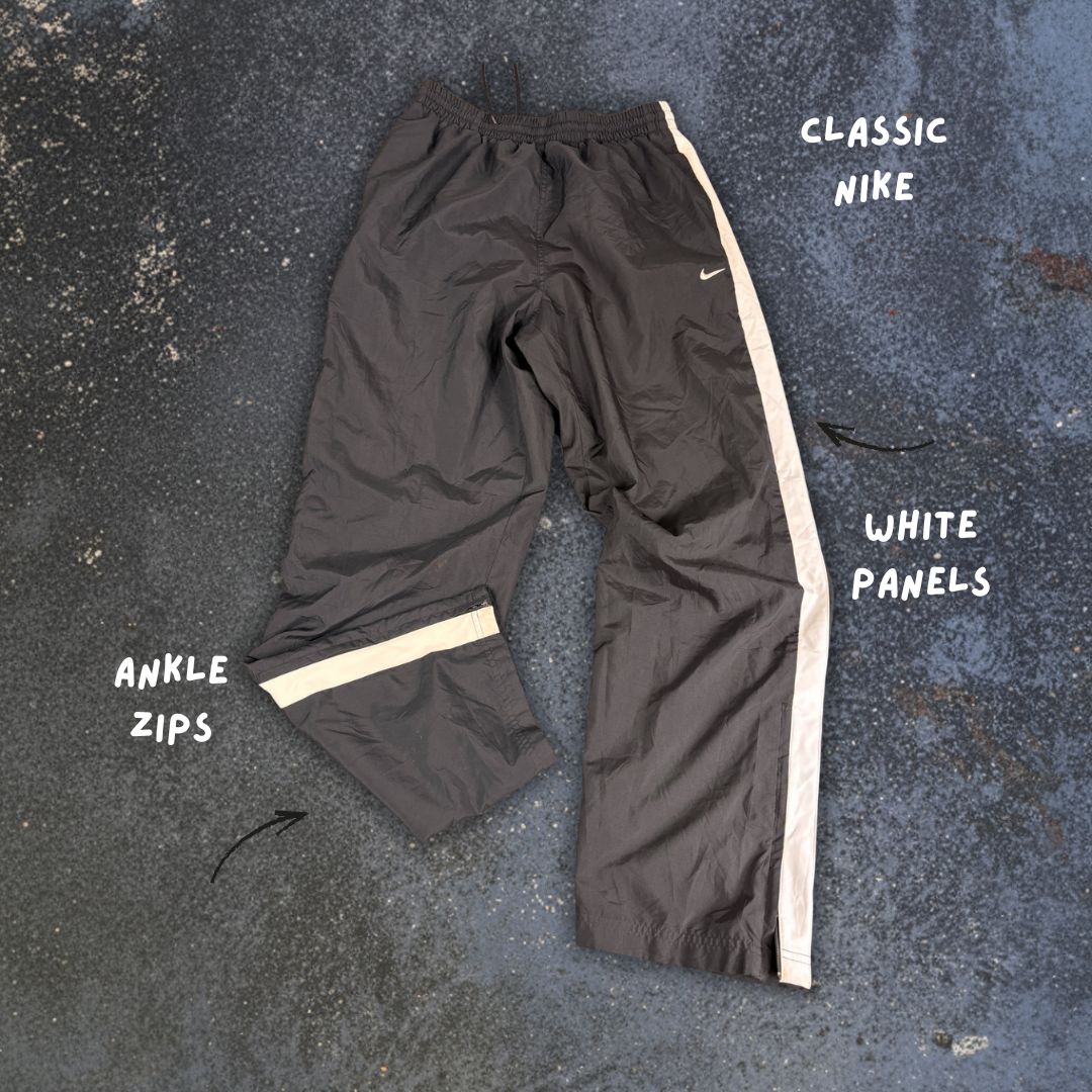 Classic Nike Track Pants Men's M Black Panels White Swoosh Ankle Zips Wide Leg
