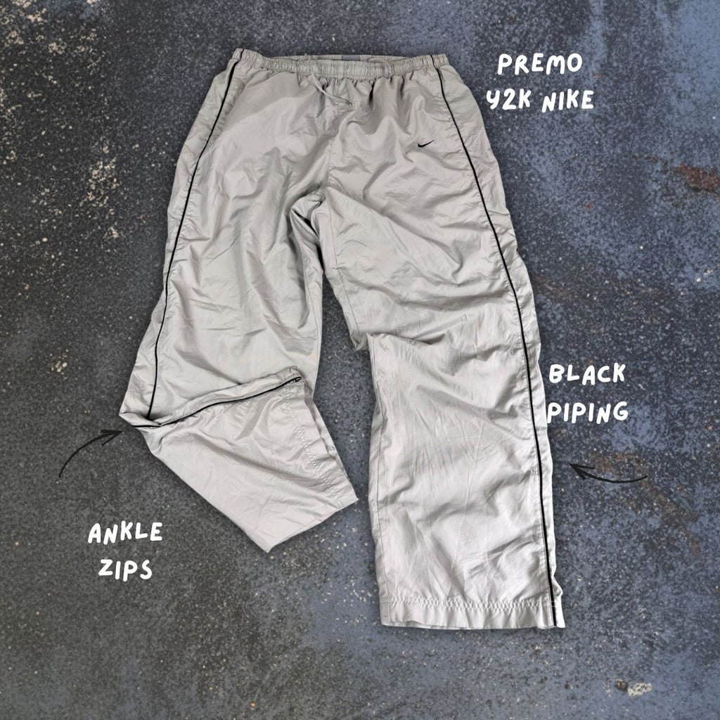 Vintage Y2K Nike Track Pants Men's XL Grey Black Piping Swoosh Ankle Zip Baggy Wide Leg