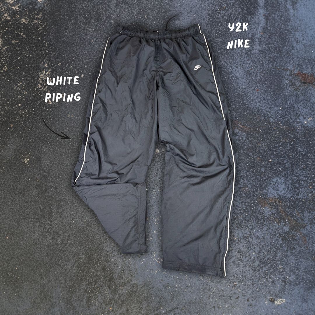 Vintage Y2K Nike Track Pants Size L Black White Piping Ankle Zips Super Wide Leg