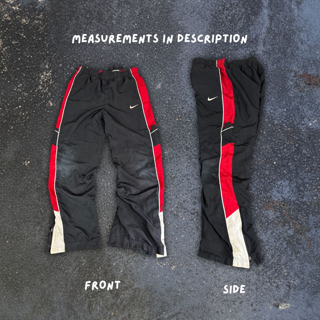 Vintage 2010s Classic Nike Track Pants Women's S Black White Swoosh Red Panels Ankle Zips Straight Leg