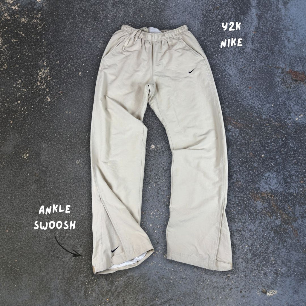 Vintage Y2K Nike Track Pants Size S Beige Cream Navy Ankle Swoosh Straight Leg