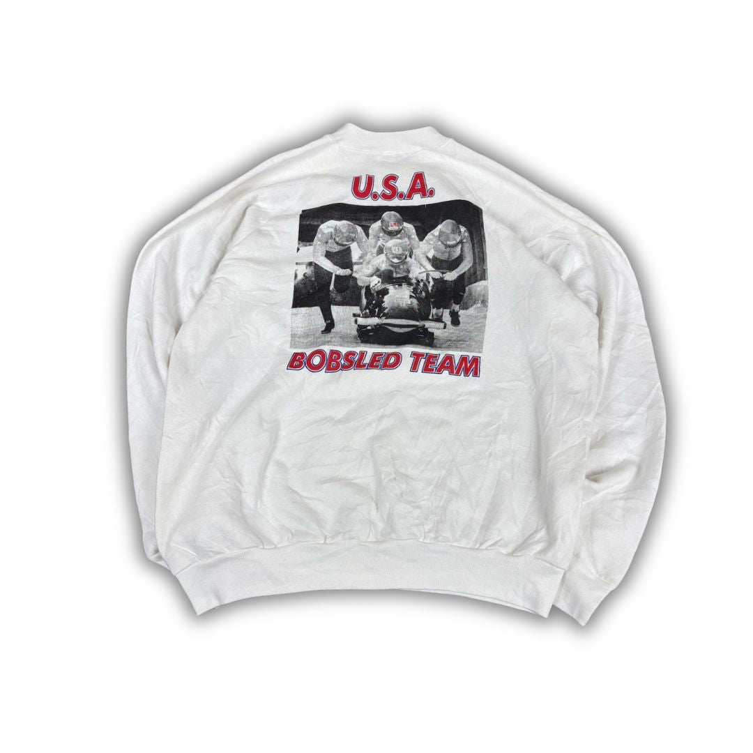 Vintage 90's Fruit of the Loom Jumper Men's XL White USA Bobslead Team Signed Sweatshirt Crew Neck