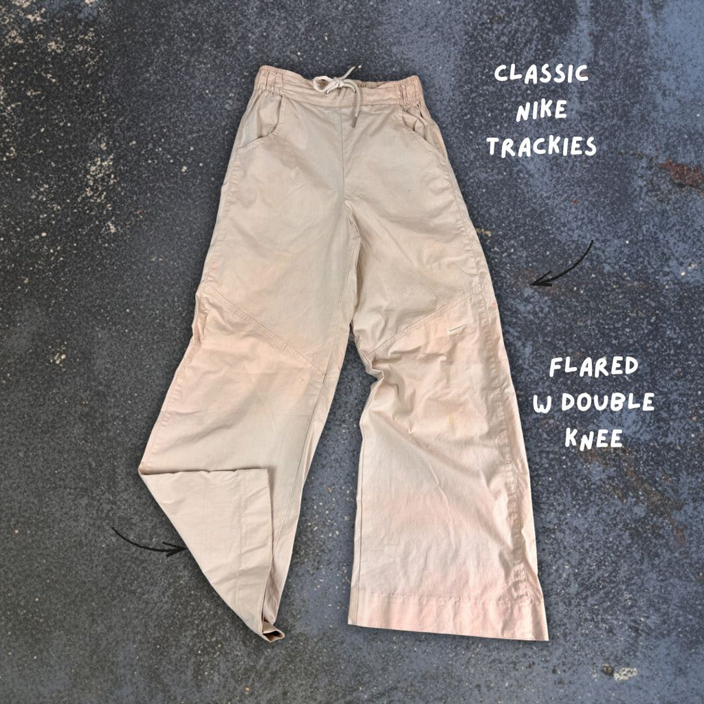Women's Classic Nike Track Pants Size XS Beige Double Knee White Swoosh Flared Wide Leg