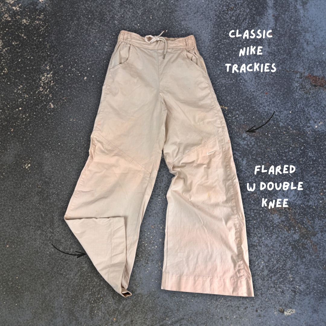 Women's Classic Nike Track Pants Size XS Beige Double Knee White Swoosh Flared Wide Leg