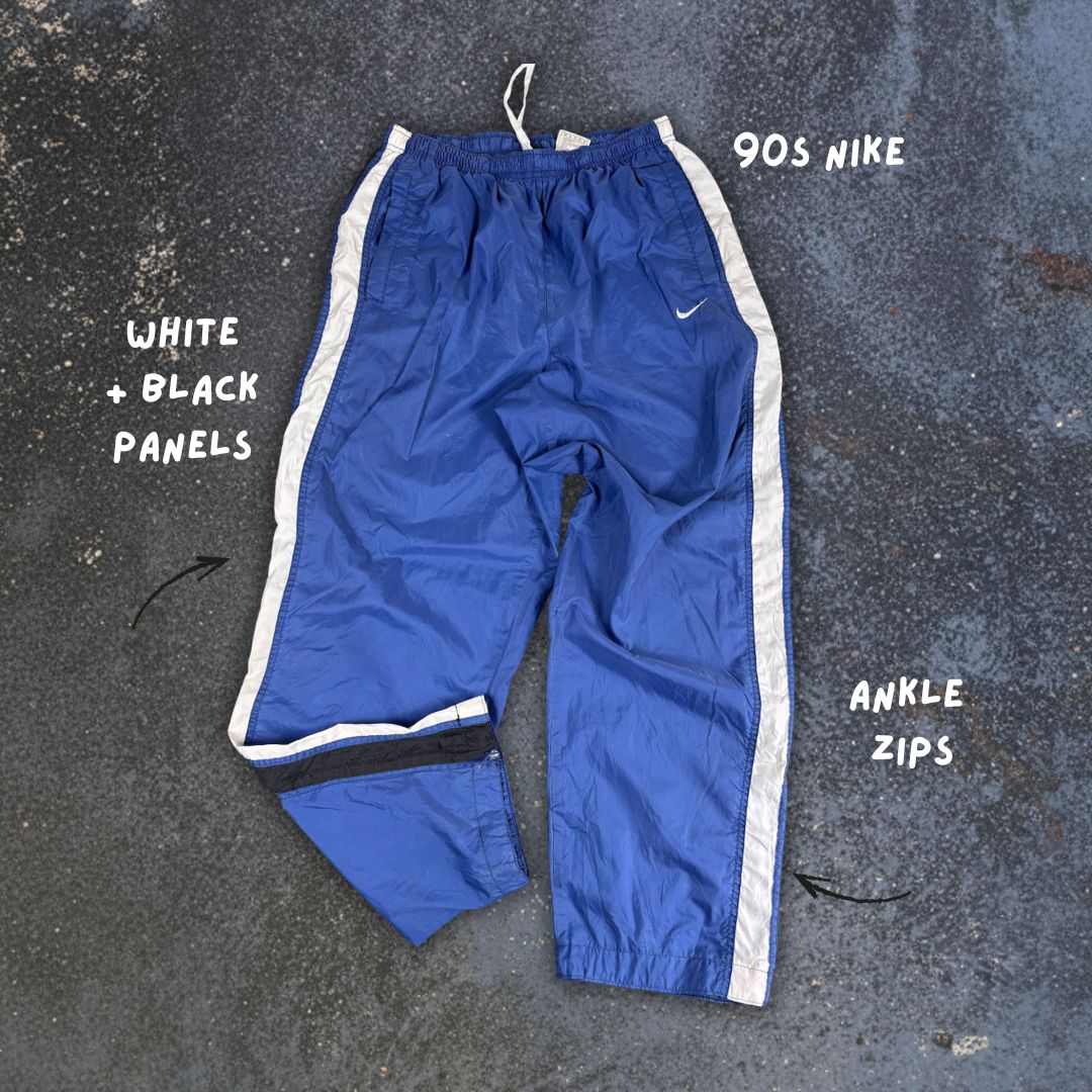 Vintage 90's Nike Track Pants Men's L Blue White Black Panels Swoosh Ankle Zips Wide Leg