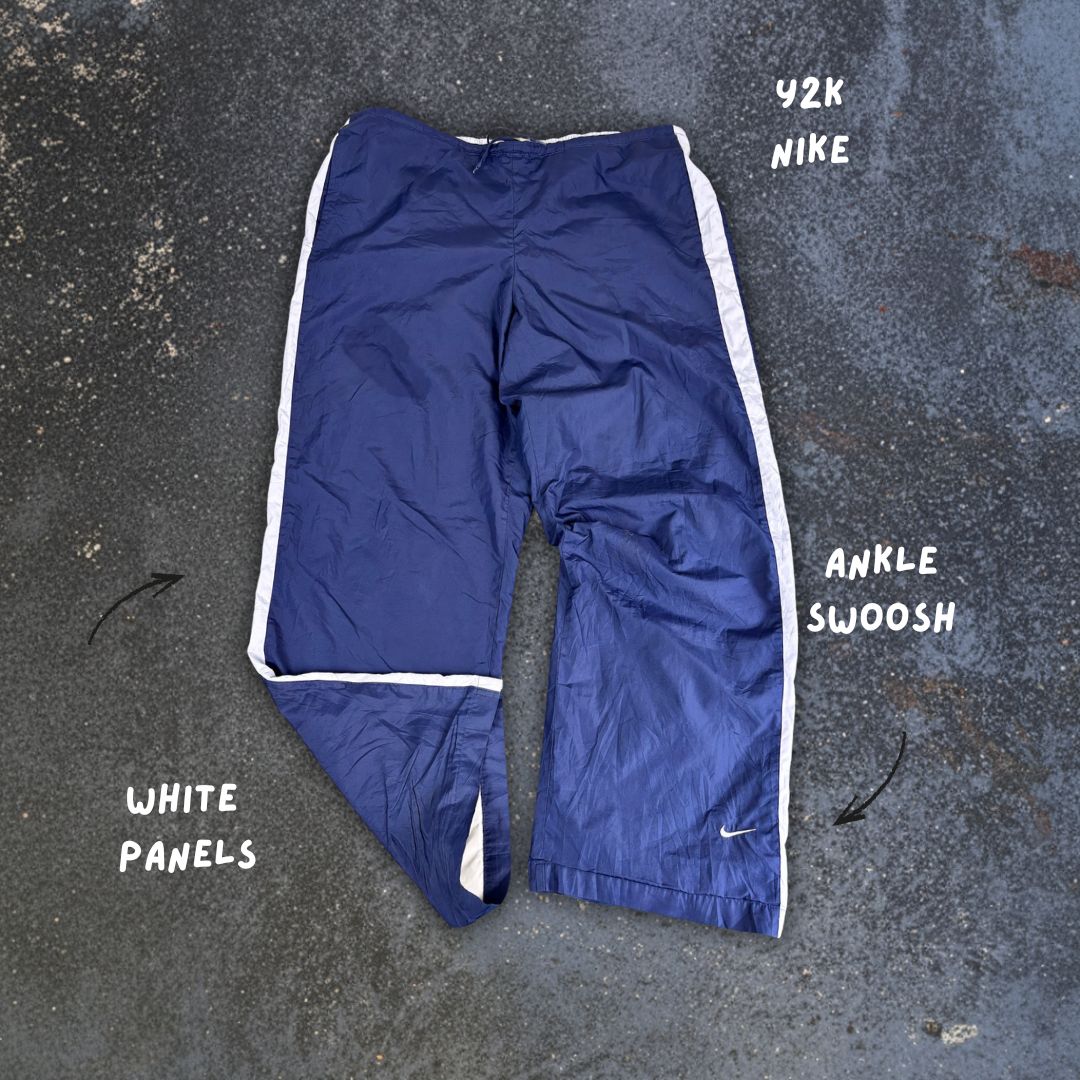 Vintage Y2K Nike Track Pants Women's L Navy Blue Grey Panels Ankle Swoosh Wide Leg