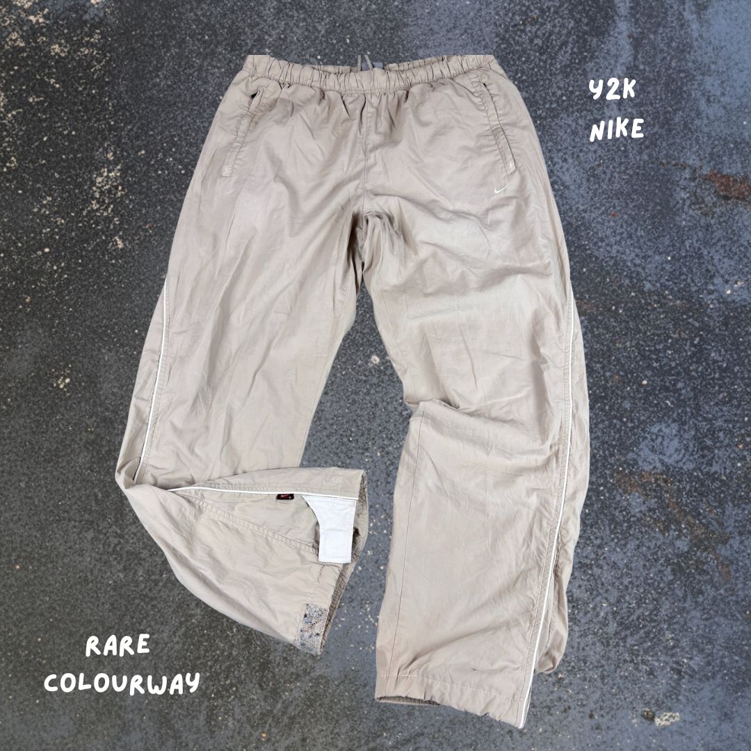 Vintage Y2K Nike Track Pants Size L Beige White Swoosh Piping Baggy Rare Colourway
