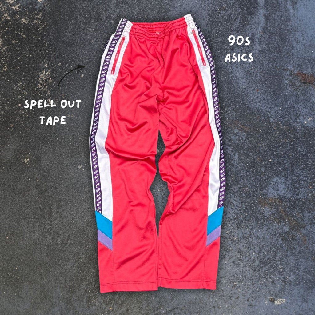 Vintage 90s Asics Track Pants Womens S Red Spell Out Side Tape Straight Leg Retro Style