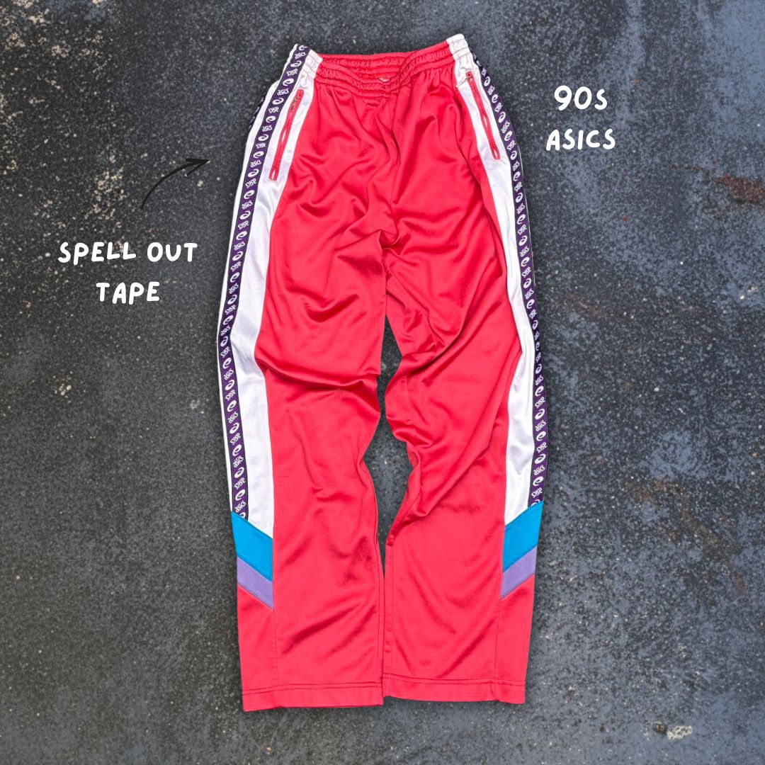 Vintage 90s Asics Track Pants Womens S Red Spell Out Side Tape Straight Leg Retro Style