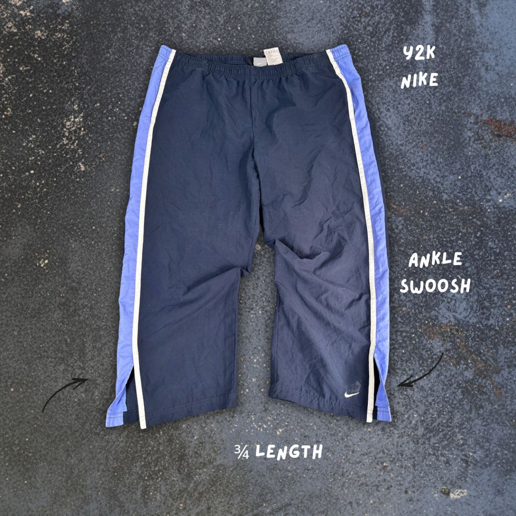 Vintage Y2K Nike 3/4 Track Pants Women's XL Navy Blue White Panels Ankle Swoosh Slit Wide Leg
