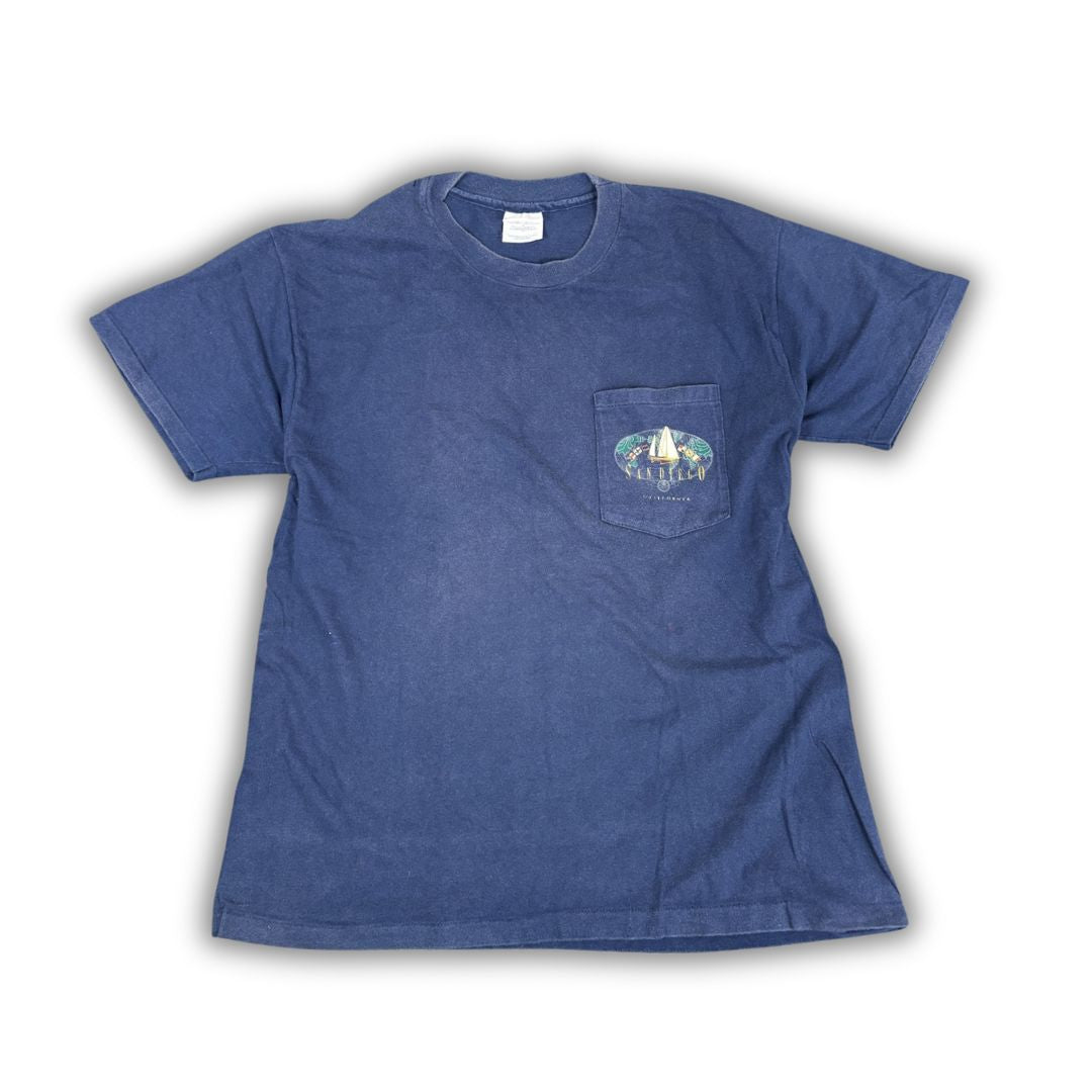 Vintage 90's Hanes Beefy T-shirt Men's L Navy Single Stitch San Diego Graphic Tee Crew Neck