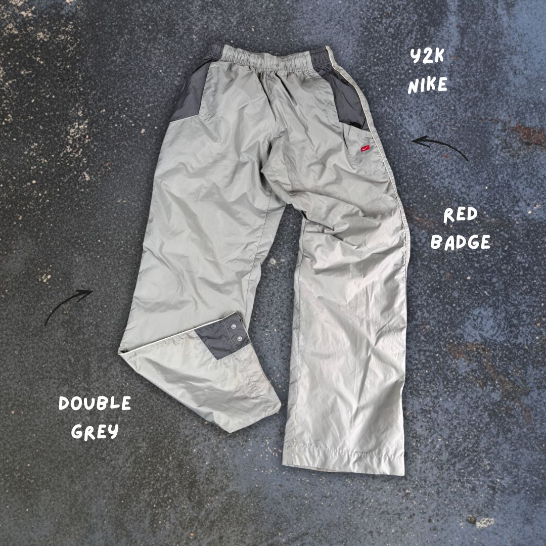 Vintage Y2K Nike Track Pants Men's S Grey White Piping Grey Panel Red Badge Logo Wide Leg