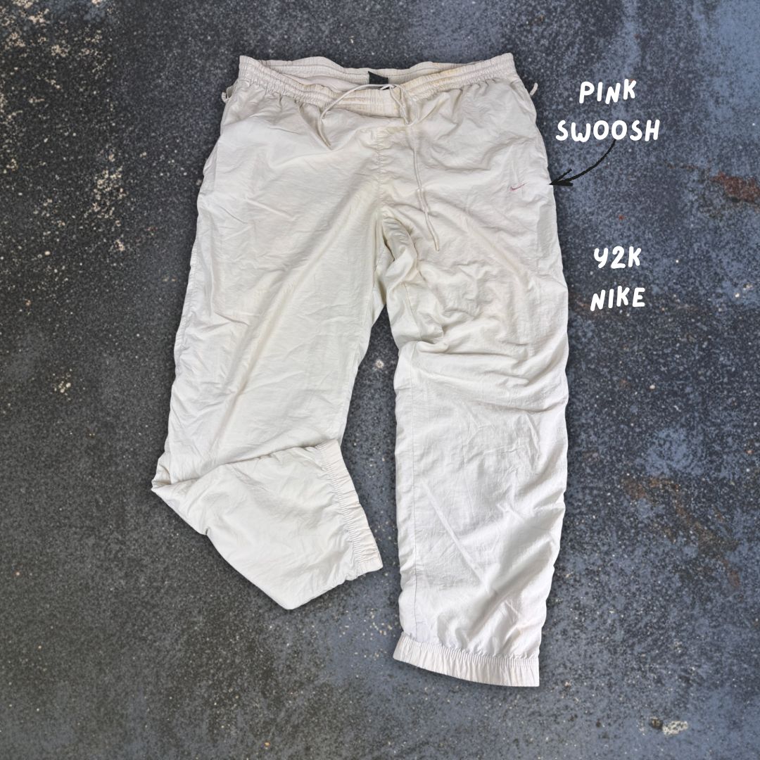 Vintage Y2K Nike Track Pants Women's XL White Pink Swoosh Parachute Tapered w Ankle Zips