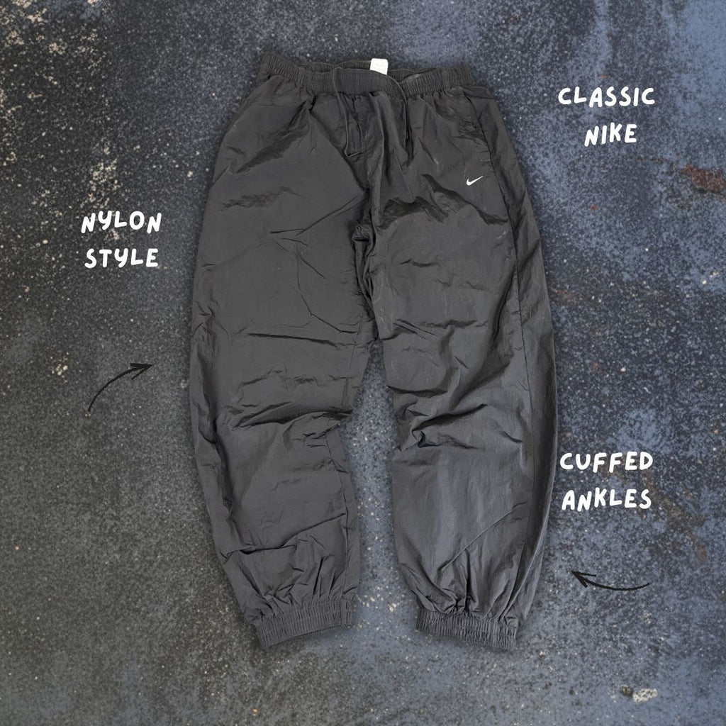 Classic Nike Track Pants Men's L Black White Swoosh Cuffed Ankles Tapered