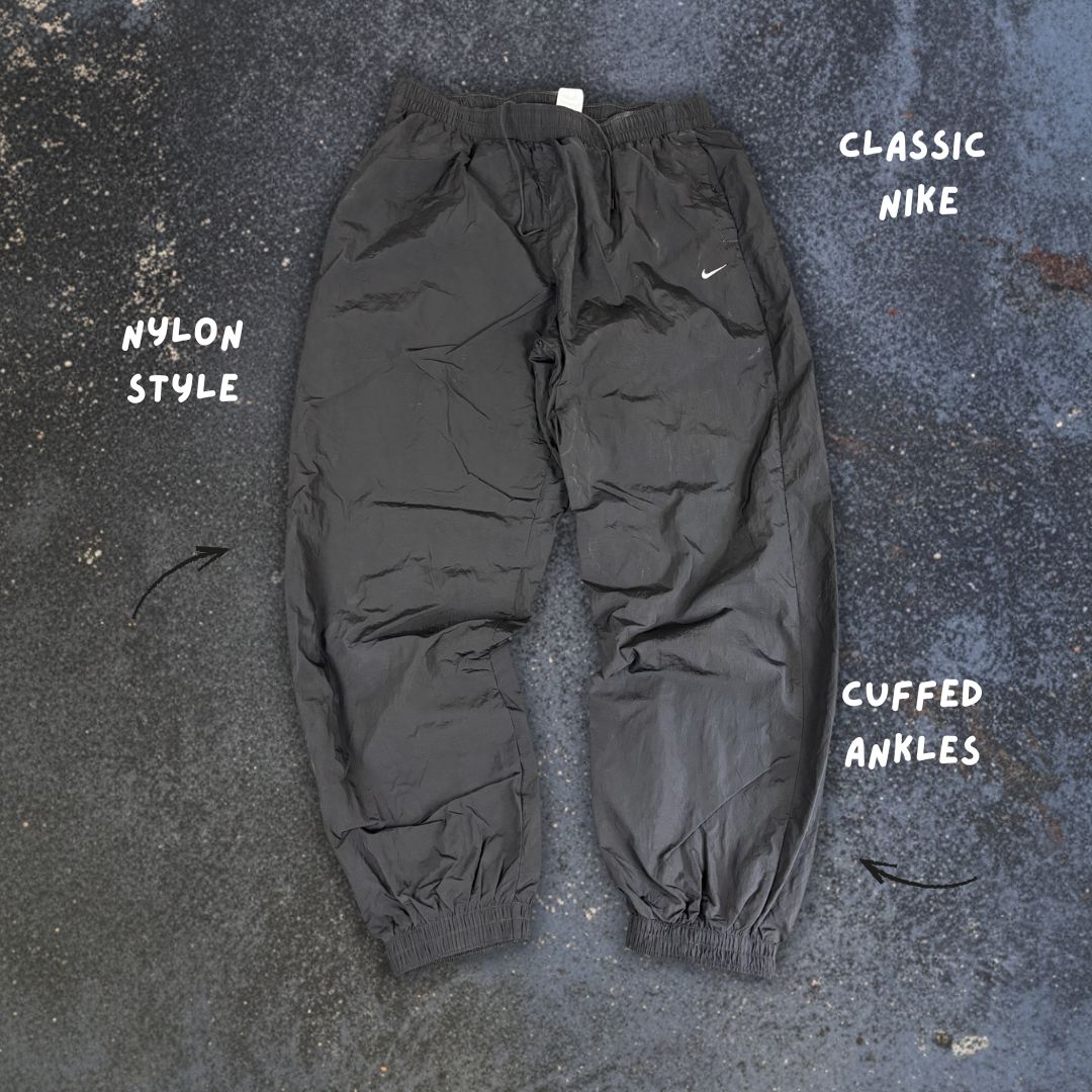 Classic Nike Track Pants Men's L Black White Swoosh Cuffed Ankles Tapered