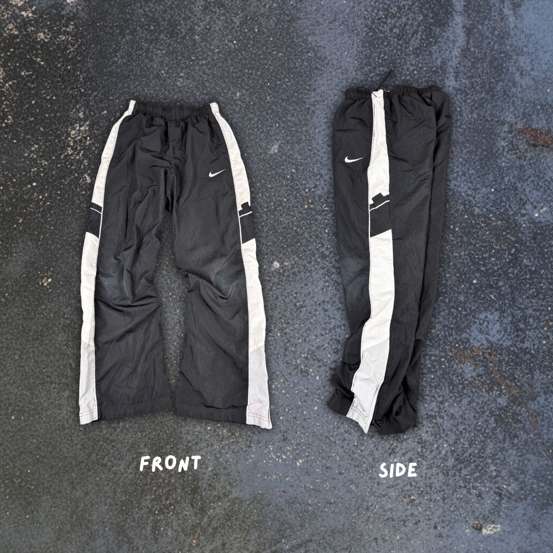Nike Track Pants Women XXS Black White Panels Hip Swoosh Ankle Zip Wide Straight Leg