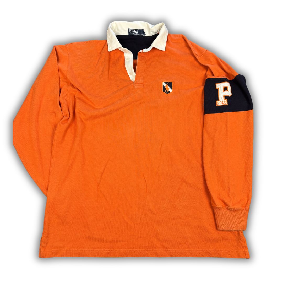 Vintage 90's Ralph Lauren Rugby Polo Men's L Orange Oversized Badge Logo Pony Collared