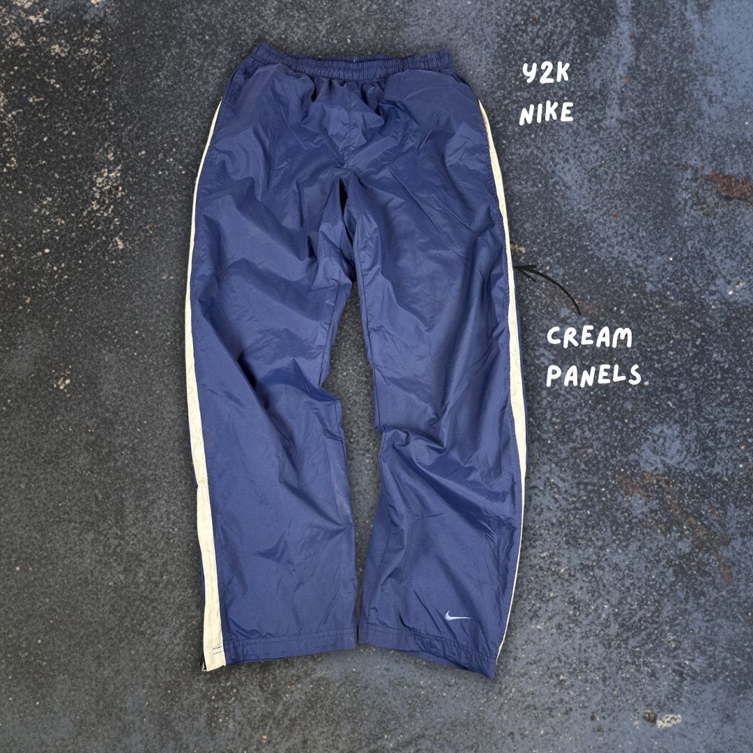 Vintage Y2K Nike Track Pants M Navy Cream Grey Panels Nylon Windbreakers