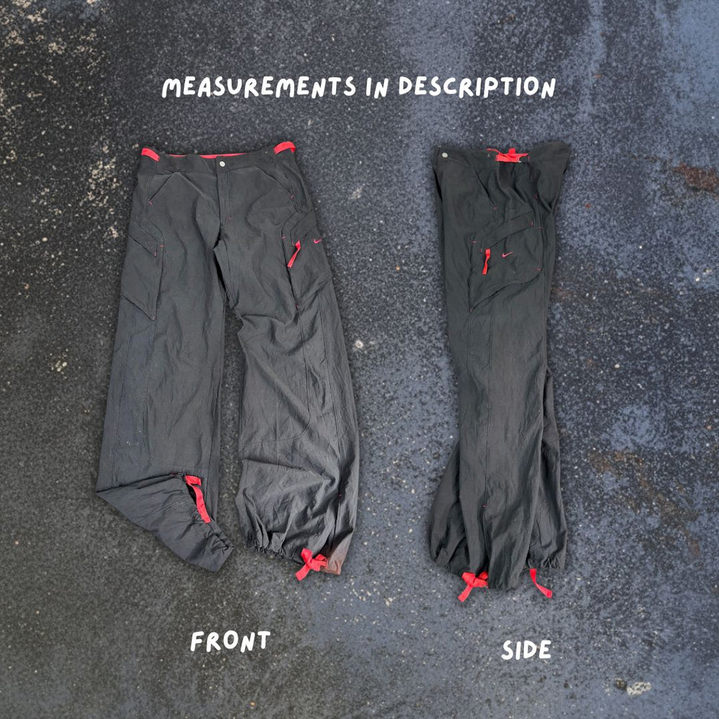 Vintage Y2K Nike Cargo Track Pants Women's S Black Red Swoosh Cotton Ankle Ties Button Zip Close Wide Leg