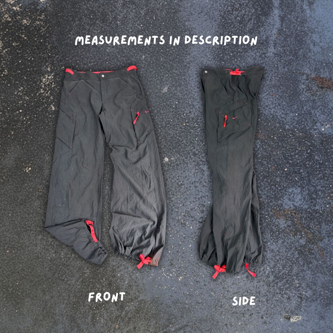 Vintage Y2K Nike Cargo Track Pants Women's S Black Red Swoosh Cotton Ankle Ties Button Zip Close Wide Leg