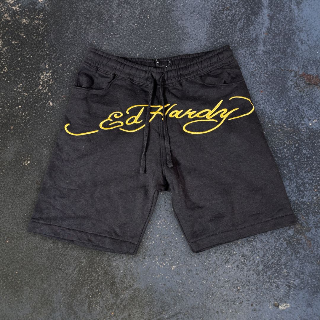 Ed Hardy Sweat Shorts Size S Black Yellow Spell Out Y2K Streetwear