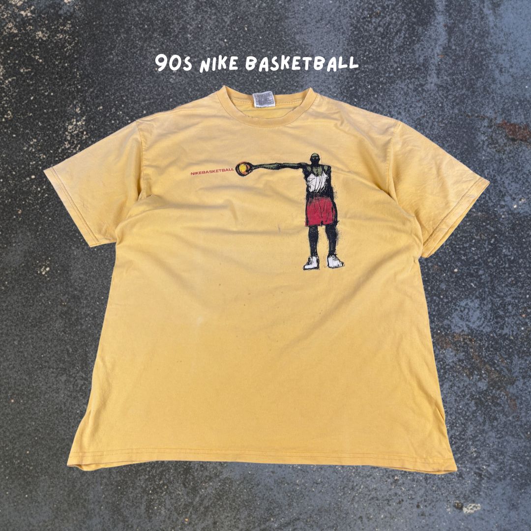 Vintage 90s Nike Basketball T-Shirt Mens L Yellow Jordan Sketch Graphic