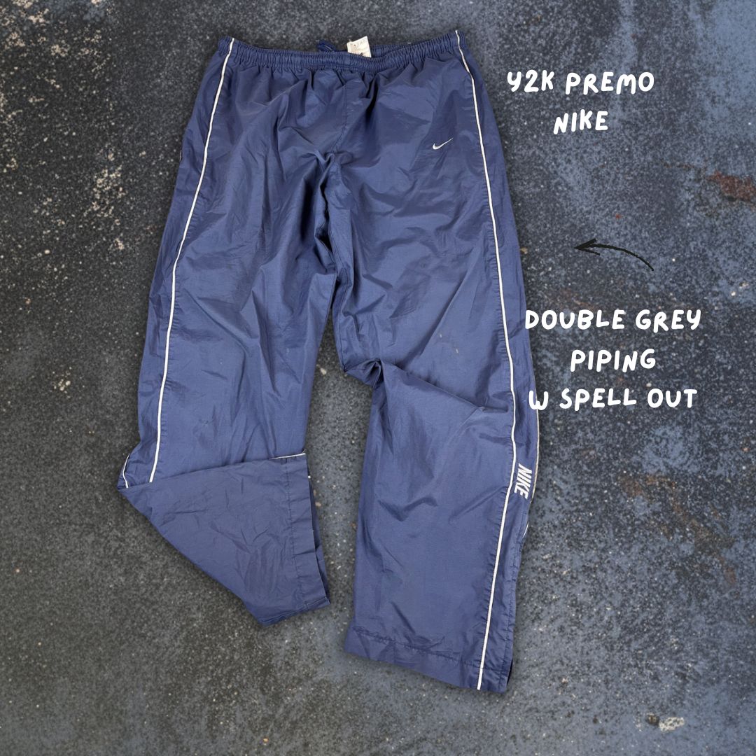 Vintage Y2K Nike Track Pants XL Navy Grey Double Piping Spell Out Ankle Zips Baggy Fit