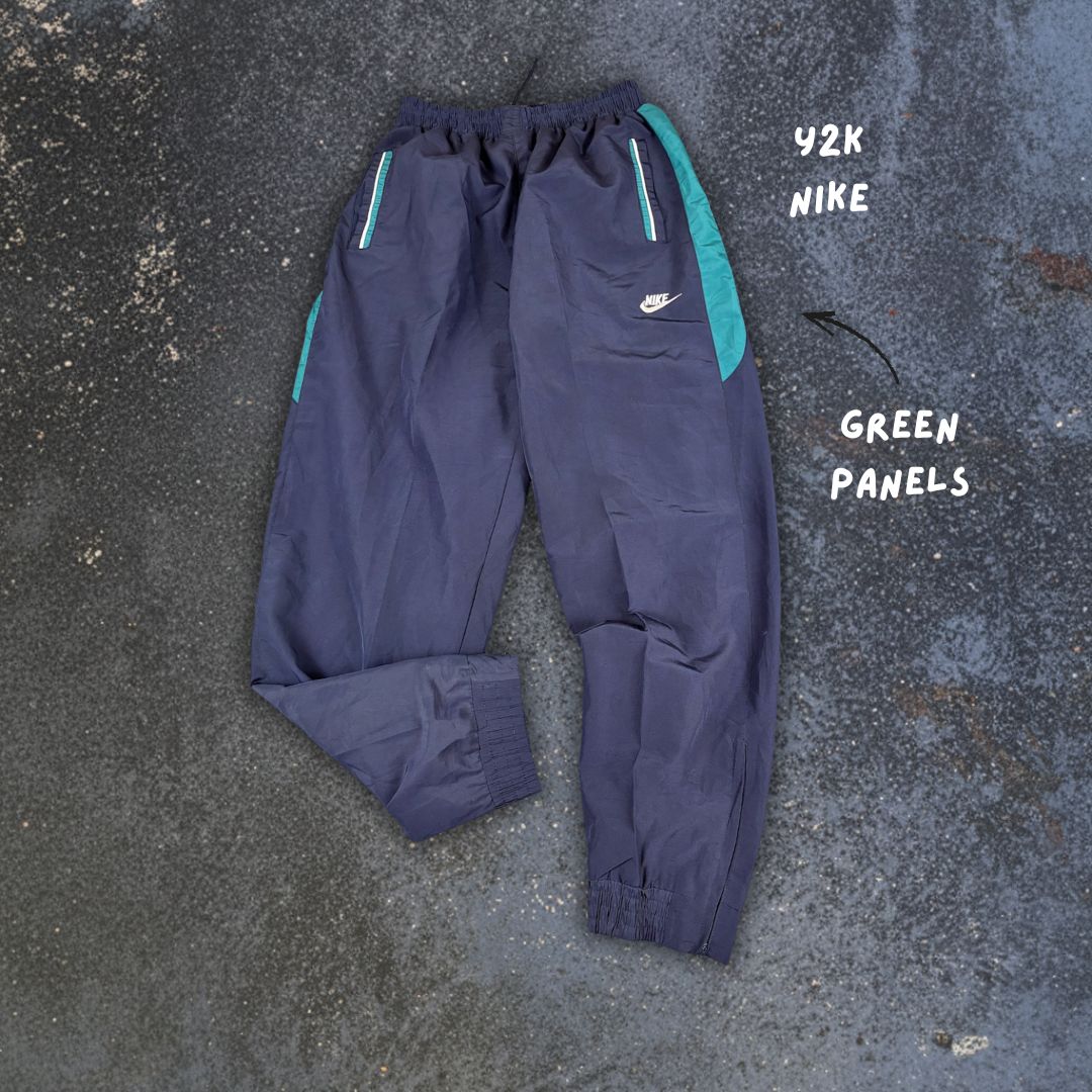 Vintage Y2K Nike Track Pants Size S Navy Green Panels Ankle Zips Tapered Leg