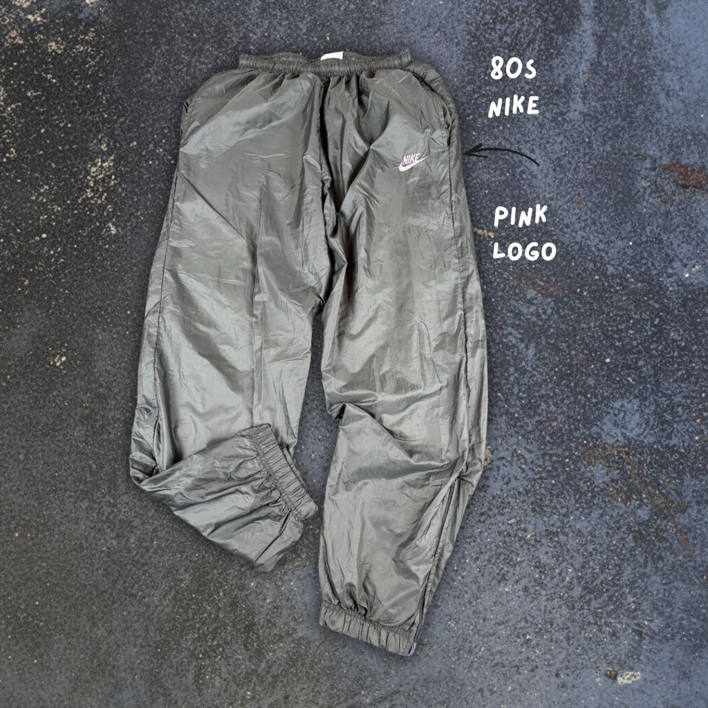 Vintage 80s Nike Track Pants M Grey Pink Logo Parachute Cuffed Ankle Zips