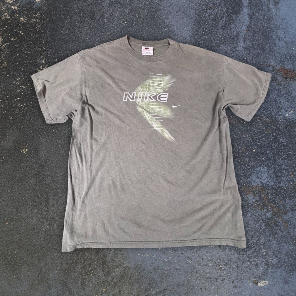 Vintage 90s Nike T-Shirt Men’s L Green Y2K Style Spell Out Logo Cotton Crew Neck