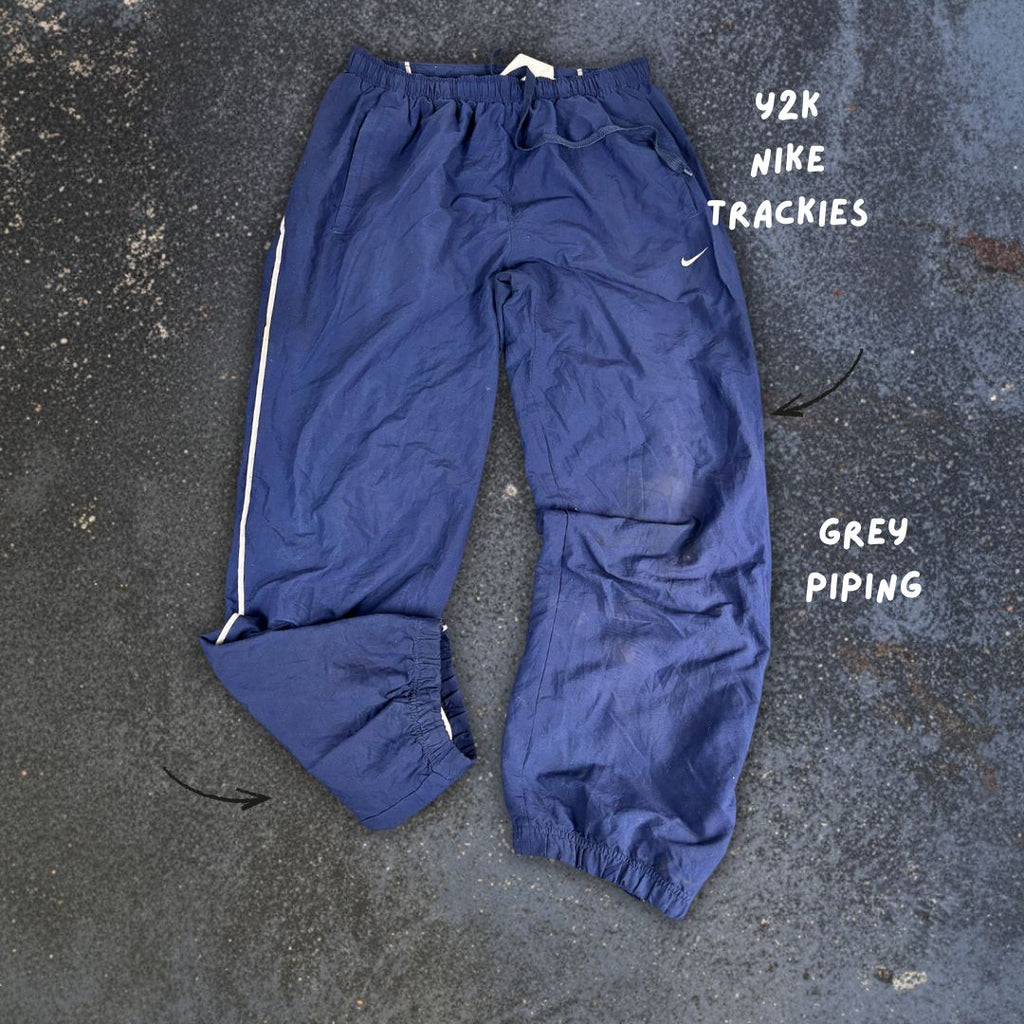 Vintage Y2K Nike Track Pants Men's L Navy Blue Grey White Piping Ankle Zip Wide Leg