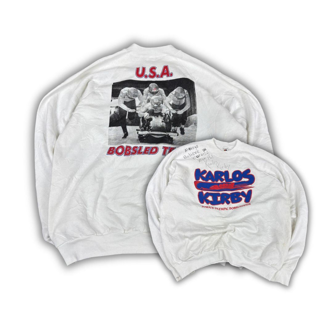 Vintage 90's Fruit of the Loom Jumper Men's XL White USA Bobslead Team Signed Sweatshirt Crew Neck