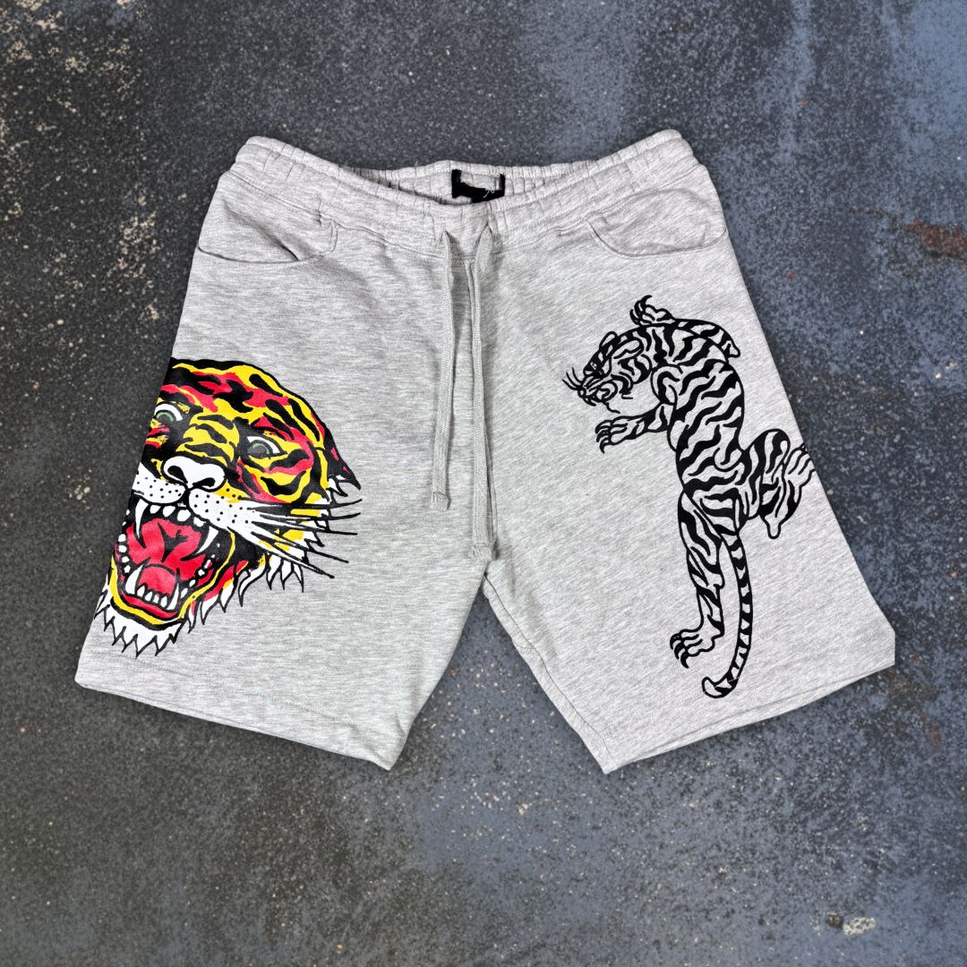 Ed Hardy Sweat Shorts Size M Grey Tattoo Art Tiger Y2K Streetwear Style